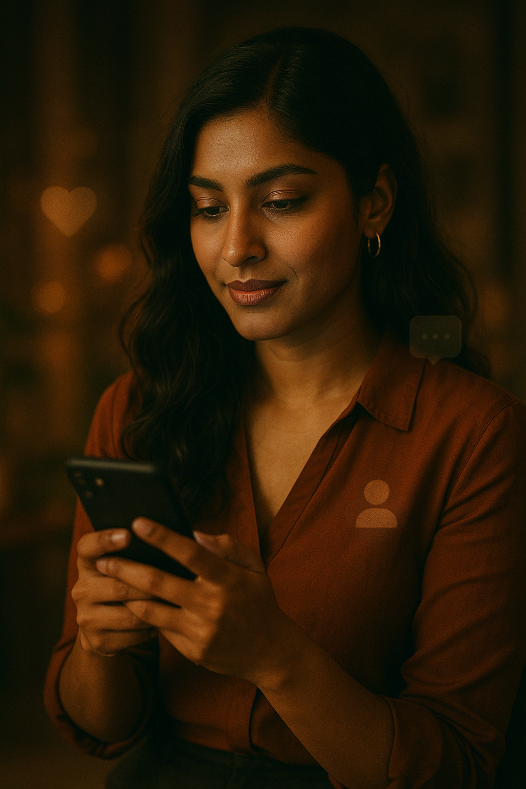 A cinematic editorial portrait of a confident South Asian woman thoughtfully engaging with her smartphone, surrounded by subtle warm lighting and soft-focus elements hinting at social media icons and digital connection, capturing the essence of authentic content creation and community building.