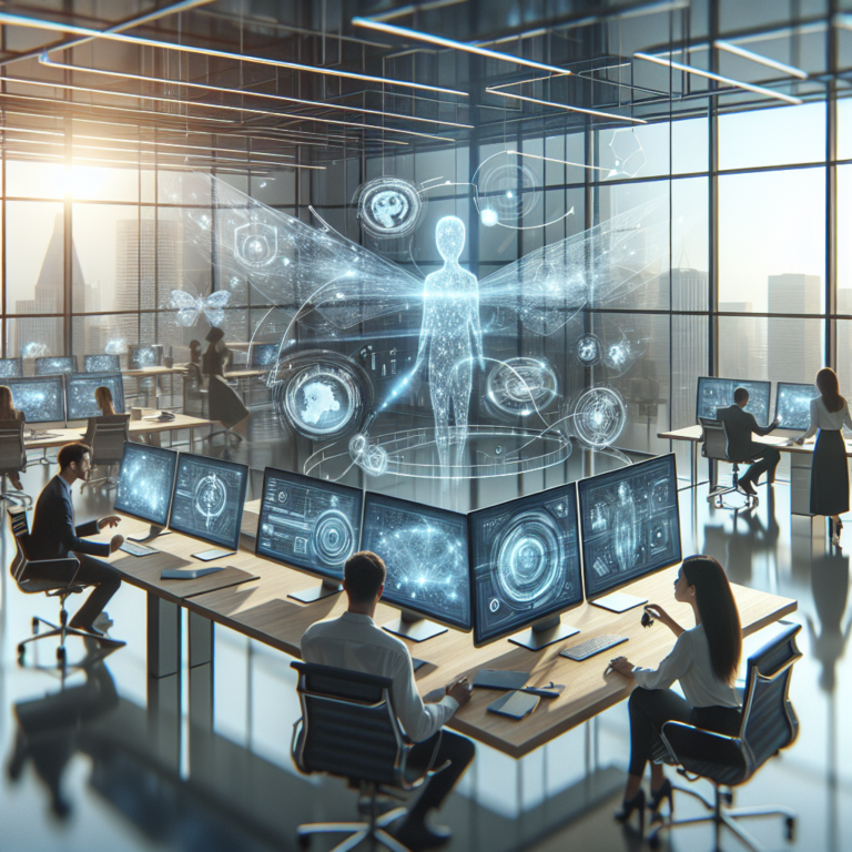 A cinematic editorial image of a modern office workspace featuring a diverse team collaborating around multiple transparent digital screens displaying abstract AI workflow diagrams and data flows, with soft natural light highlighting sleek technology and a futuristic yet professional atmosphere.
